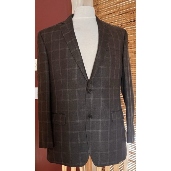 Men's Silk Wool Blazer Sport Coat Brown Windowpane Plaid 42R Farm Bureau